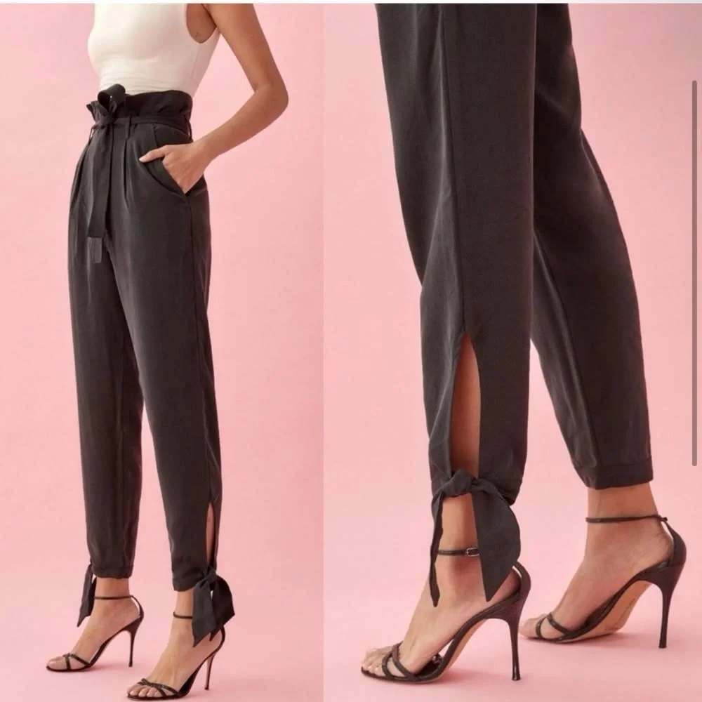 Reformation high-waist paperbag tie ankle pants in charcoal - Picture 3 of 15